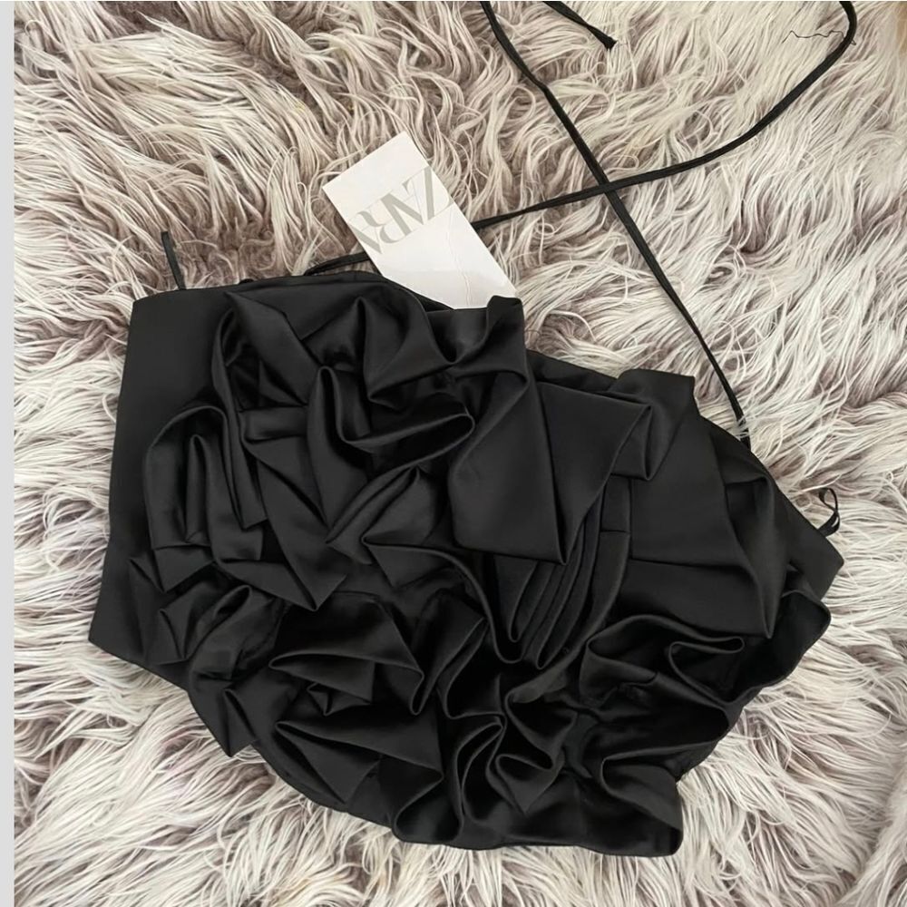 NWT ZARA Textured Floral Satin Effect Cropped Top Black